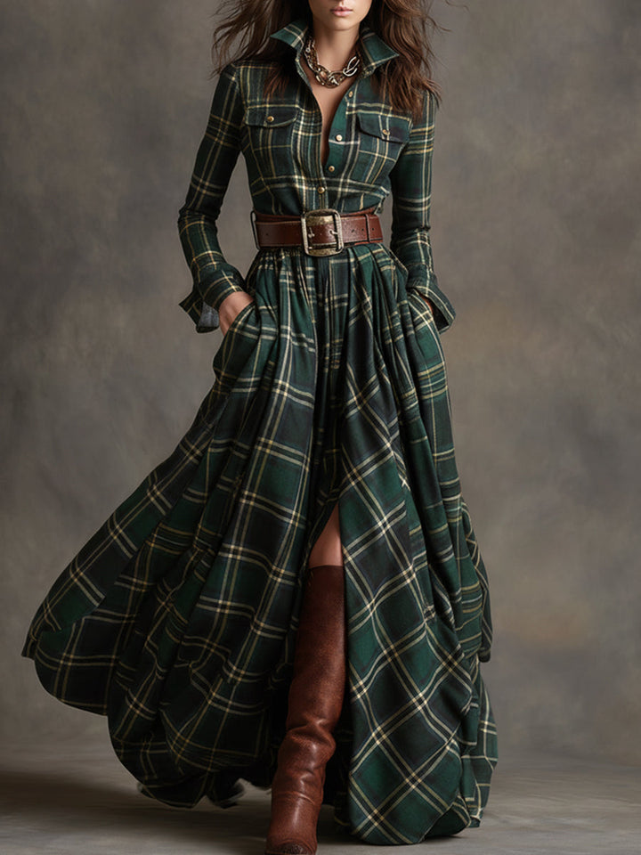 Ellie – Timeless Plaid Belted Maxi Shirt Dress
