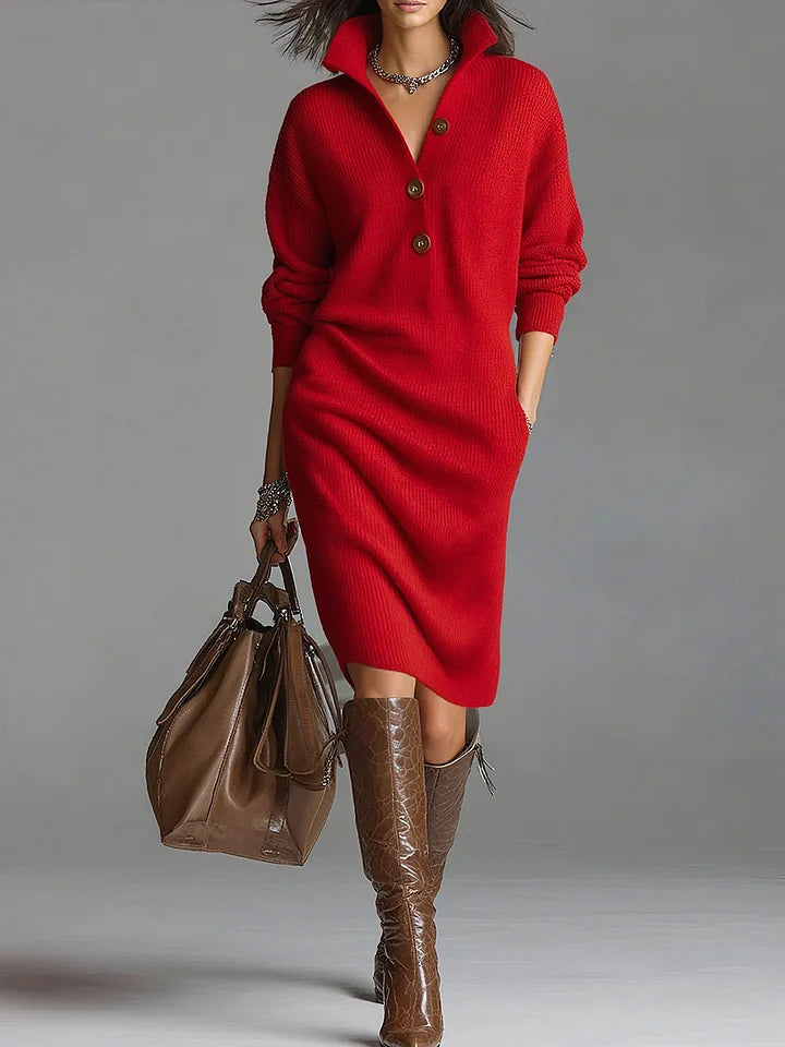 Leah – Long Sleeve Button Polo-style Collar Dress For Casual Elegance