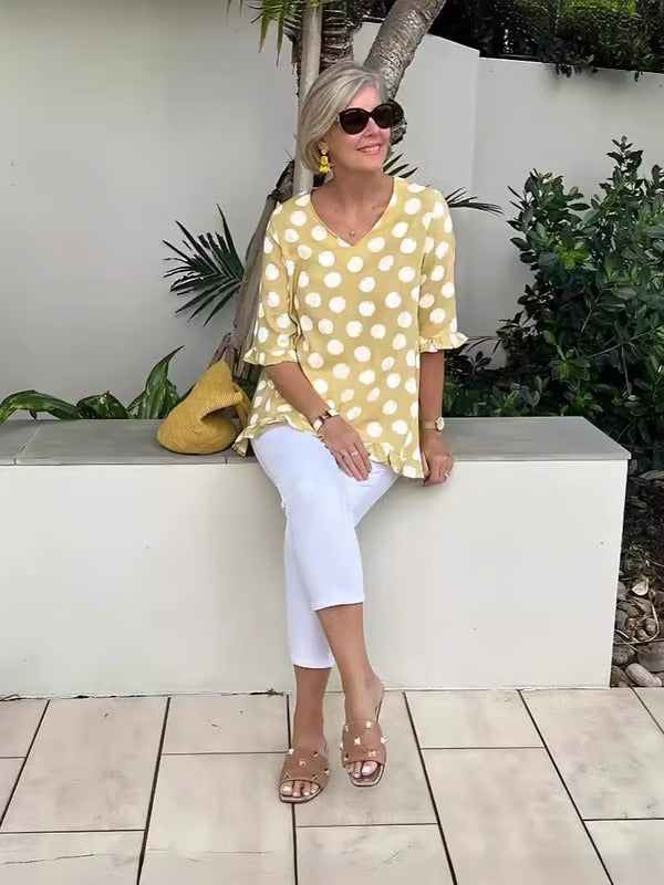 Chloe - Polka Dot V-Neck Blouse for Effortless Cheer