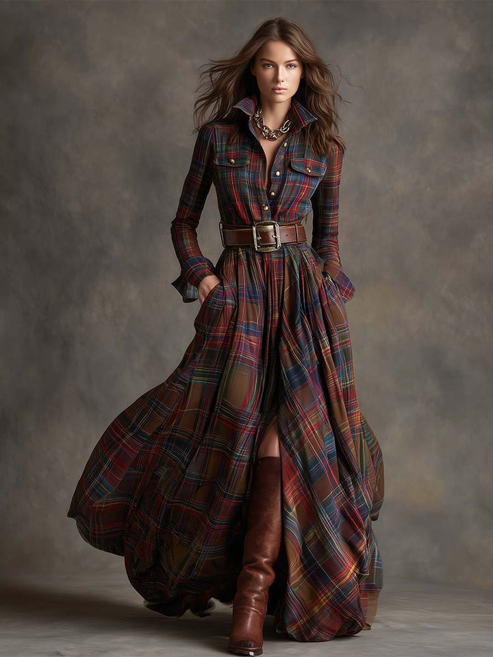 Ellie – Timeless Plaid Belted Maxi Shirt Dress