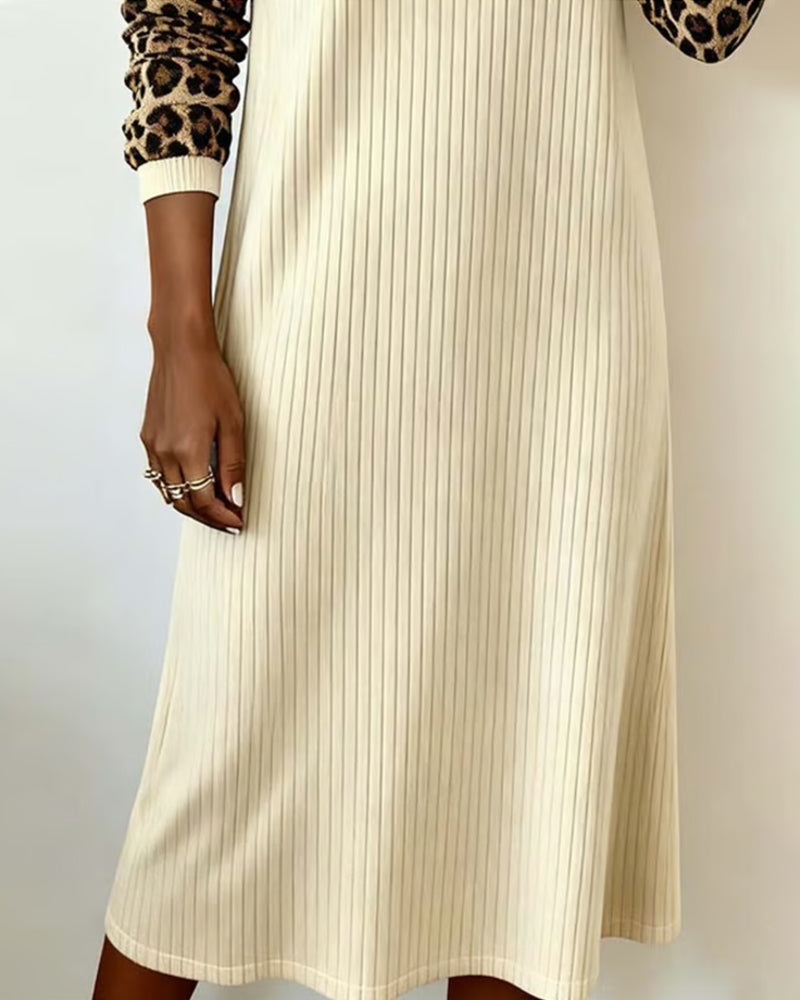 Angela – Ribbed Midi Dress with Bold Leopard Sleeves