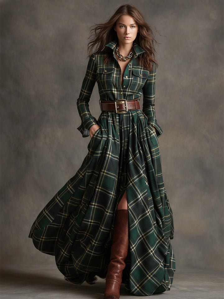 Ellie – Timeless Plaid Belted Maxi Shirt Dress