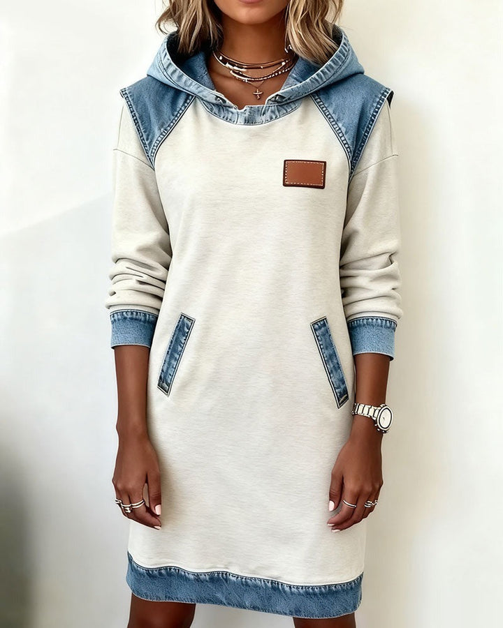 Celine - Modern Comfort Hoodie Dress with Chic Denim Accents