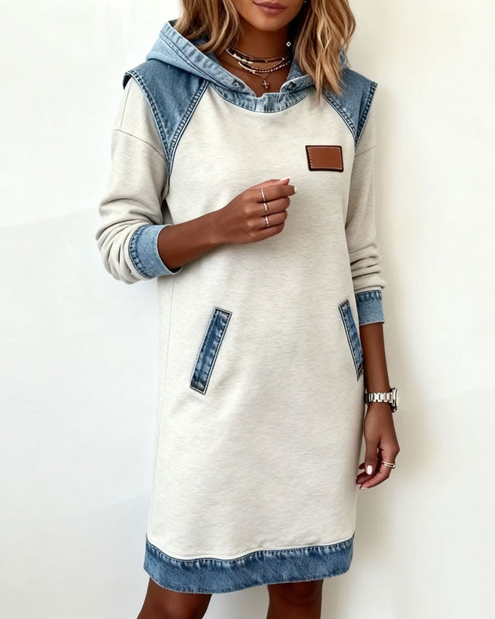 Celine - Modern Comfort Hoodie Dress with Chic Denim Accents