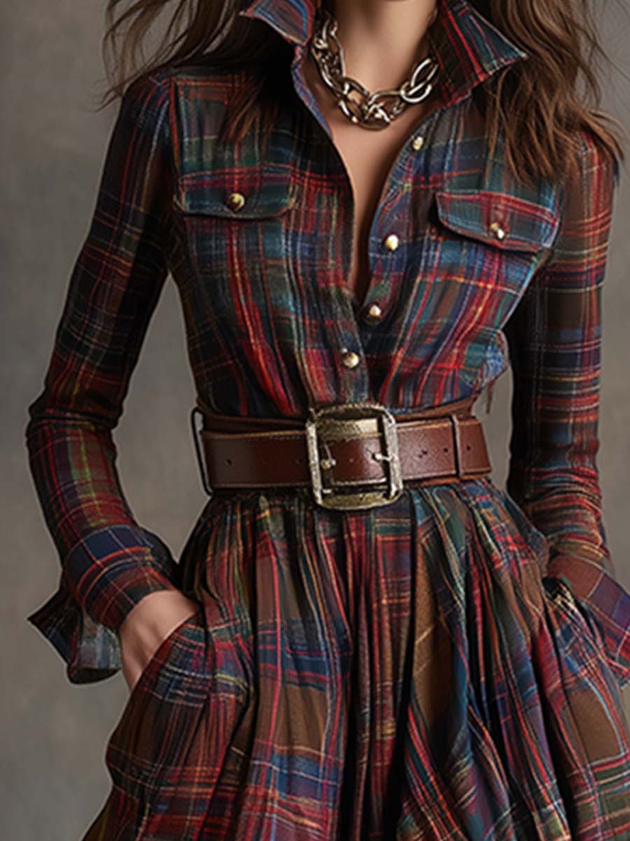Ellie – Timeless Plaid Belted Maxi Shirt Dress