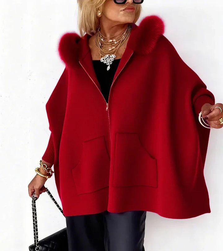 Charlotte – Elegant Hooded Cape Coat with Faux Fur Trim