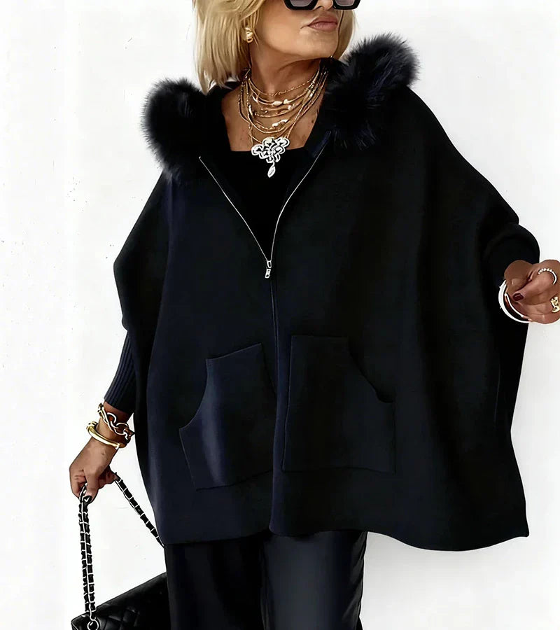 Charlotte – Elegant Hooded Cape Coat with Faux Fur Trim