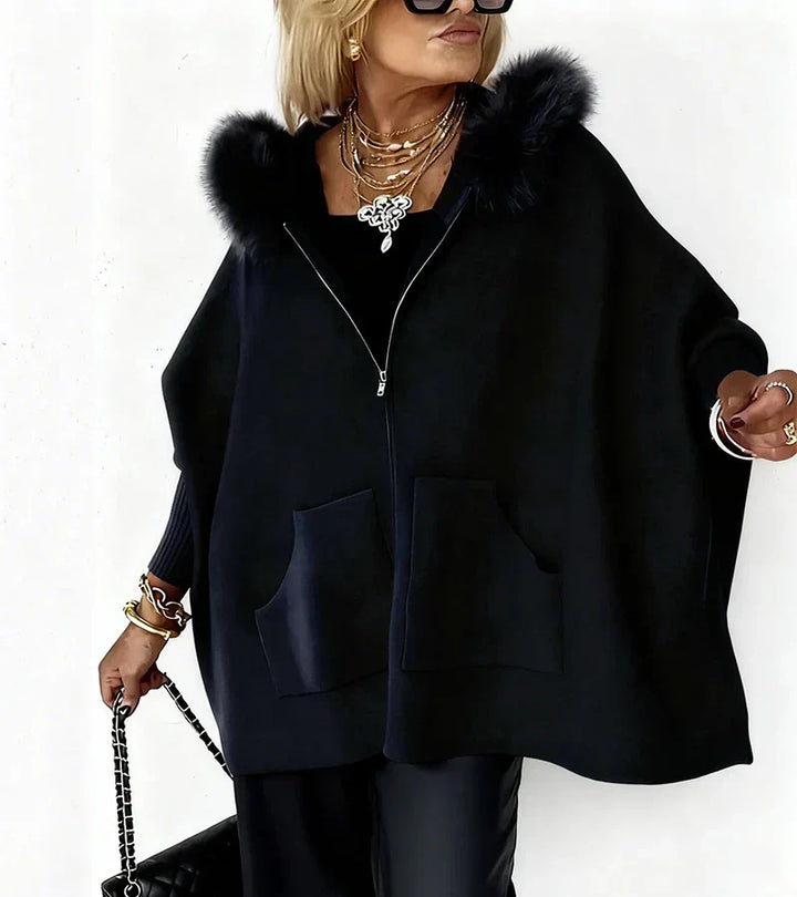 Charlotte – Elegant Hooded Cape Coat with Faux Fur Trim