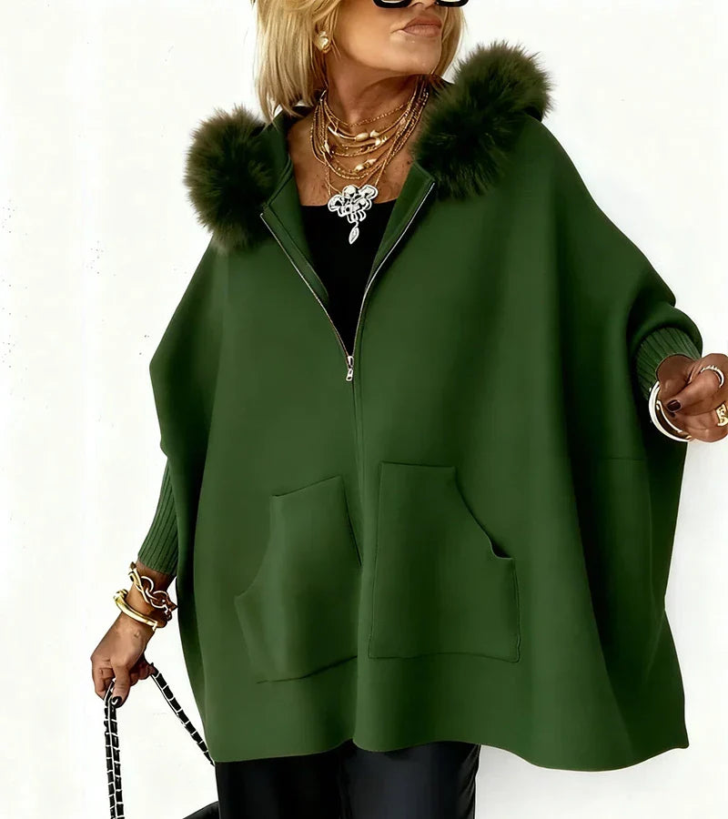 Charlotte – Elegant Hooded Cape Coat with Faux Fur Trim