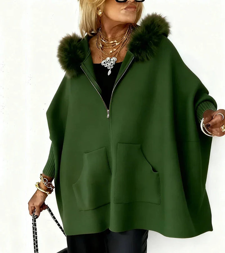 Charlotte – Elegant Hooded Cape Coat with Faux Fur Trim