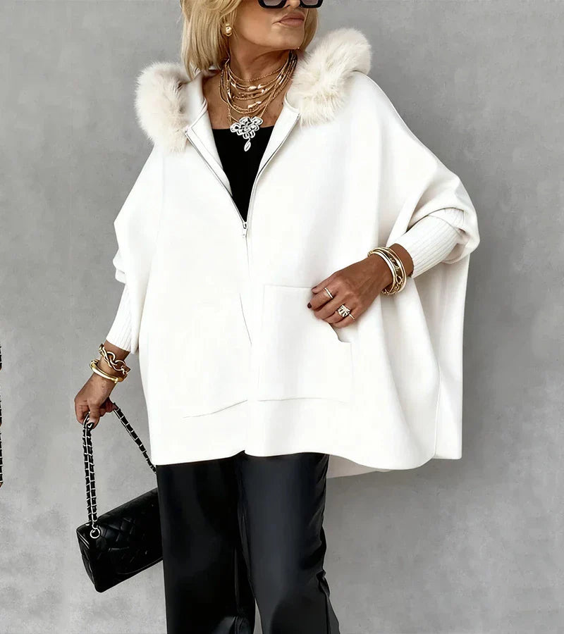 Charlotte – Elegant Hooded Cape Coat with Faux Fur Trim