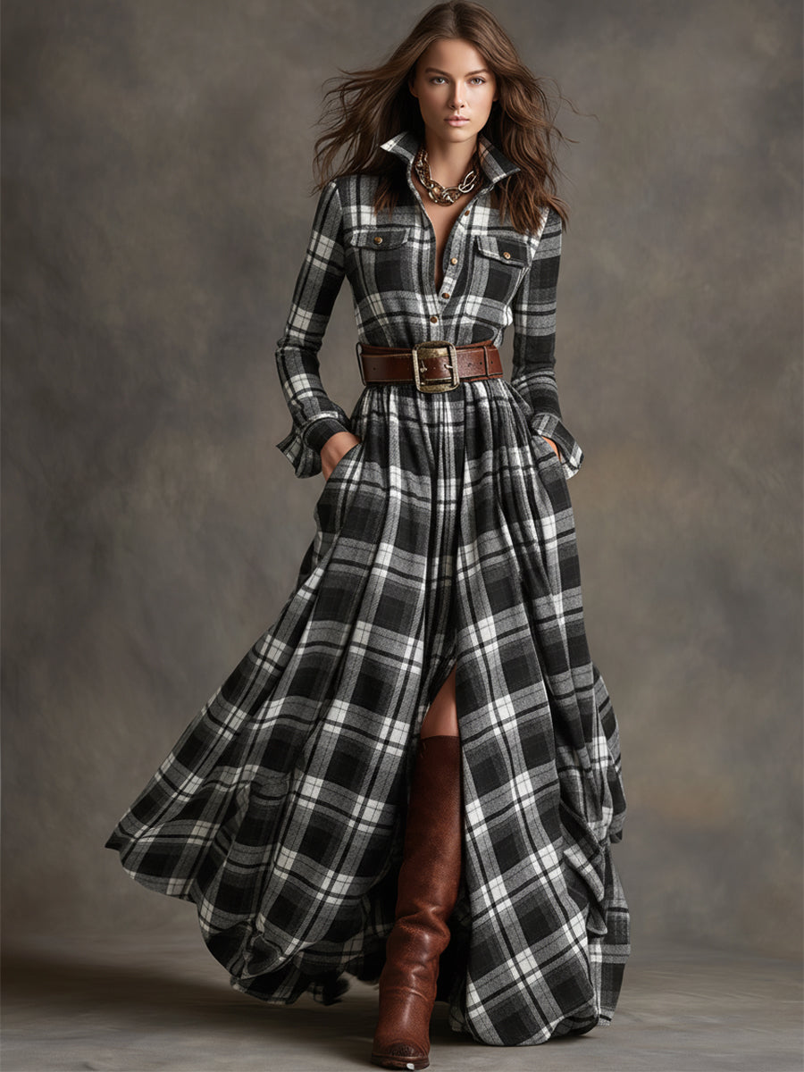 Ellie – Timeless Plaid Belted Maxi Shirt Dress