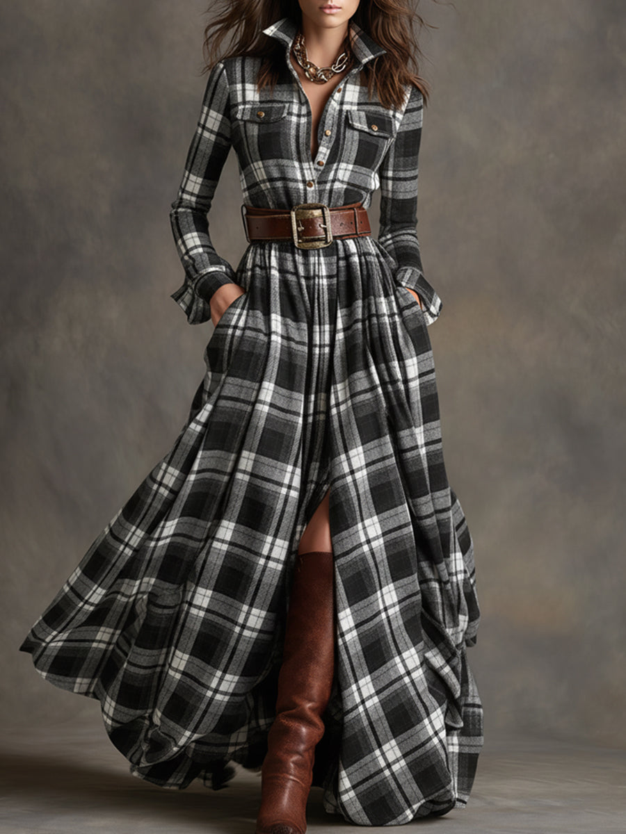 Ellie – Timeless Plaid Belted Maxi Shirt Dress