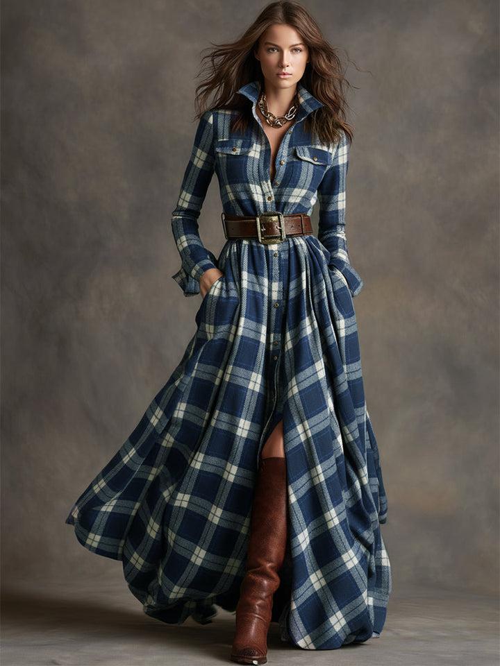 Ellie – Timeless Plaid Belted Maxi Shirt Dress