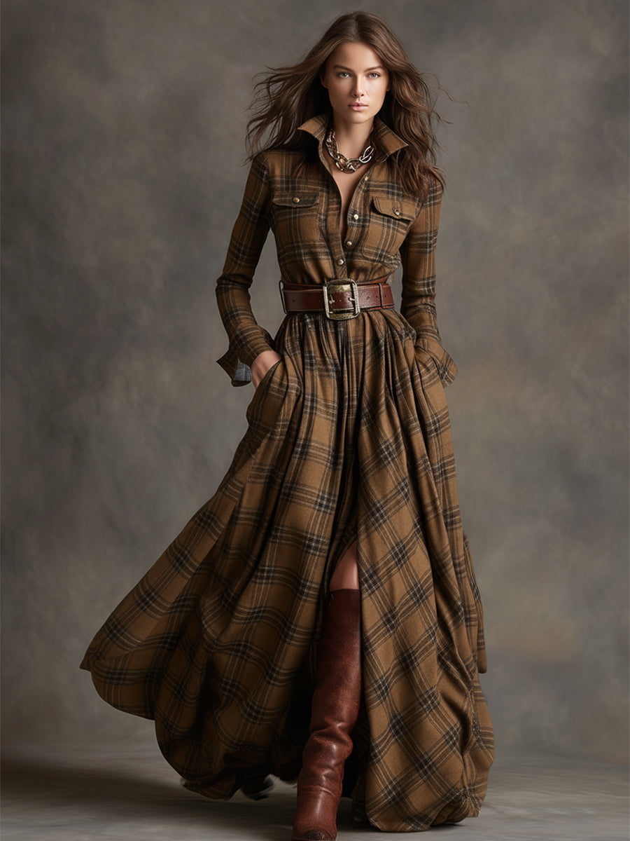 Ellie – Timeless Plaid Belted Maxi Shirt Dress
