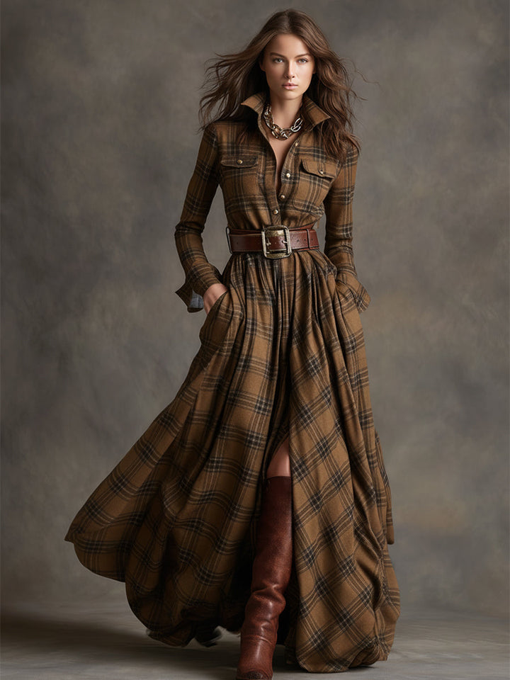 Ellie – Timeless Plaid Belted Maxi Shirt Dress