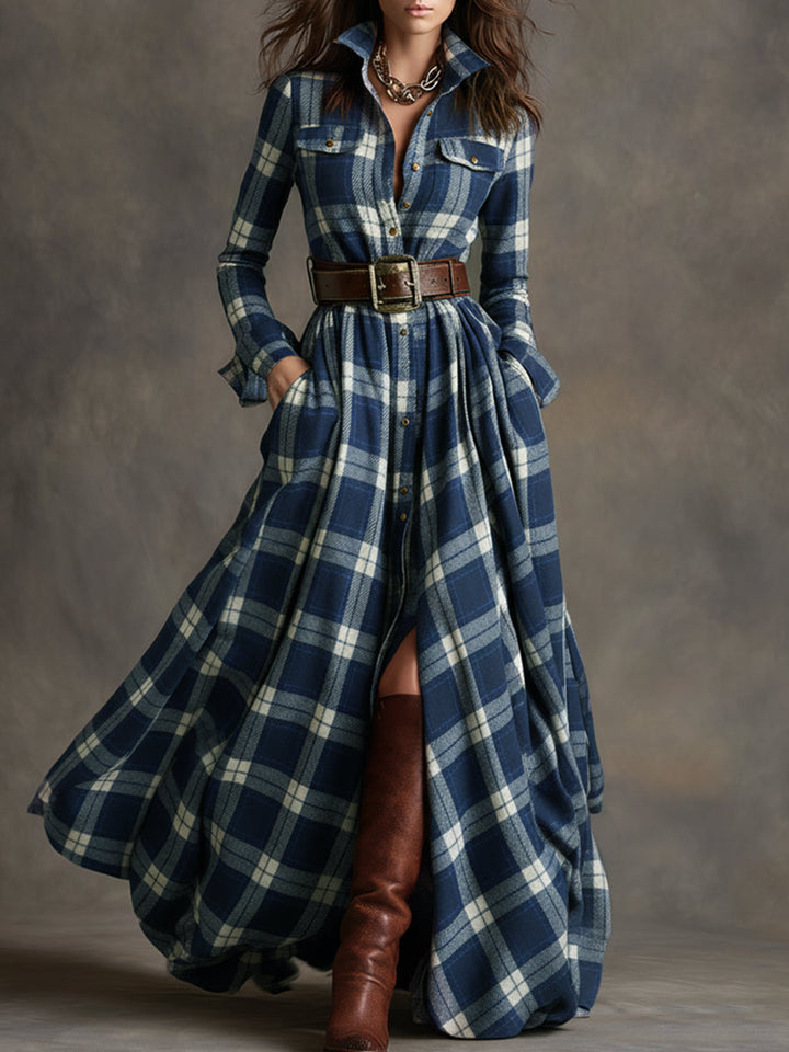 Ellie – Timeless Plaid Belted Maxi Shirt Dress