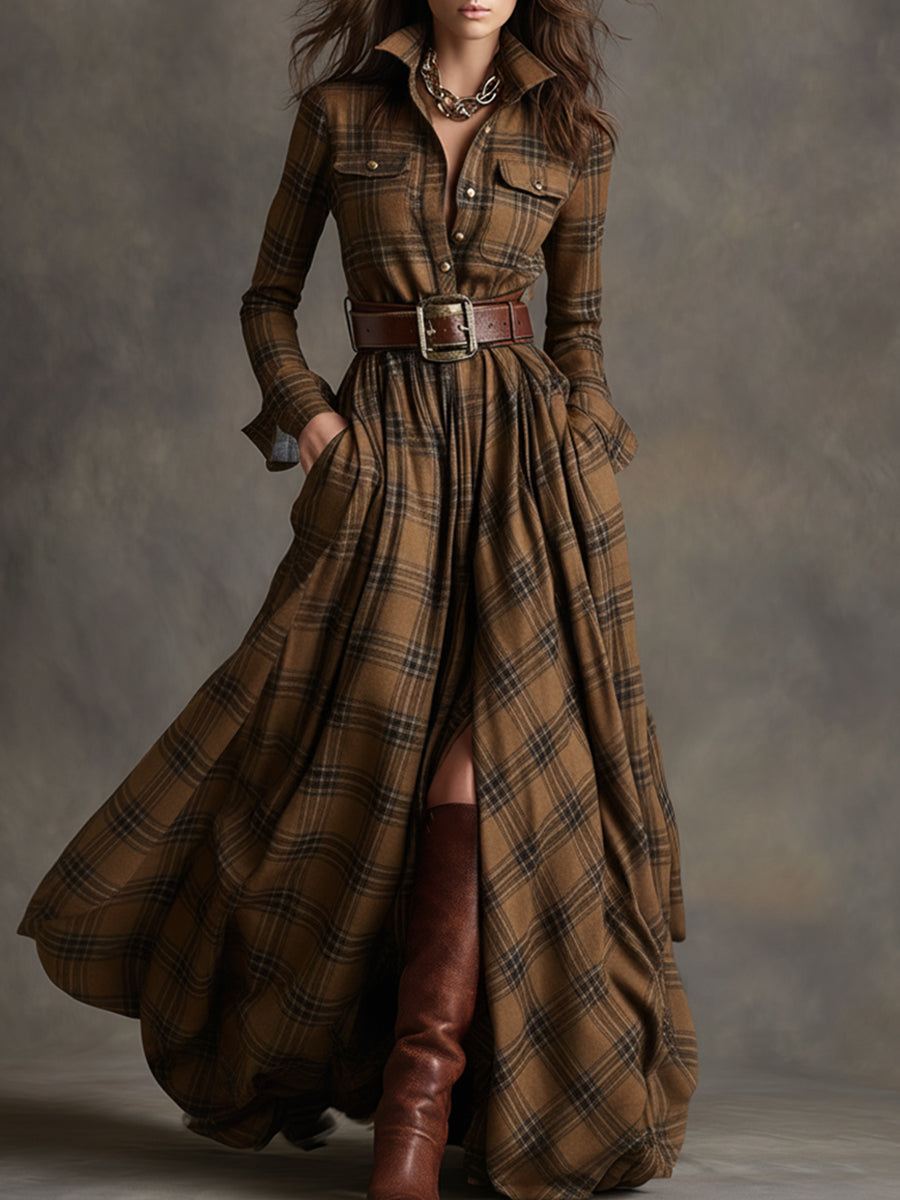 Ellie – Timeless Plaid Belted Maxi Shirt Dress