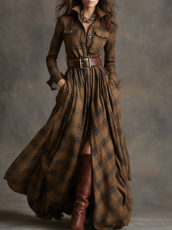 Ellie – Timeless Plaid Belted Maxi Shirt Dress
