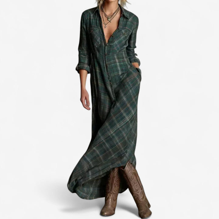 Mia - Effortless Beauty Long Sleeve Checkered Maxi Dress