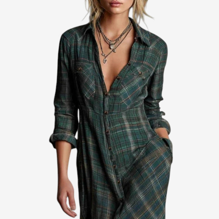 Mia - Effortless Beauty Long Sleeve Checkered Maxi Dress