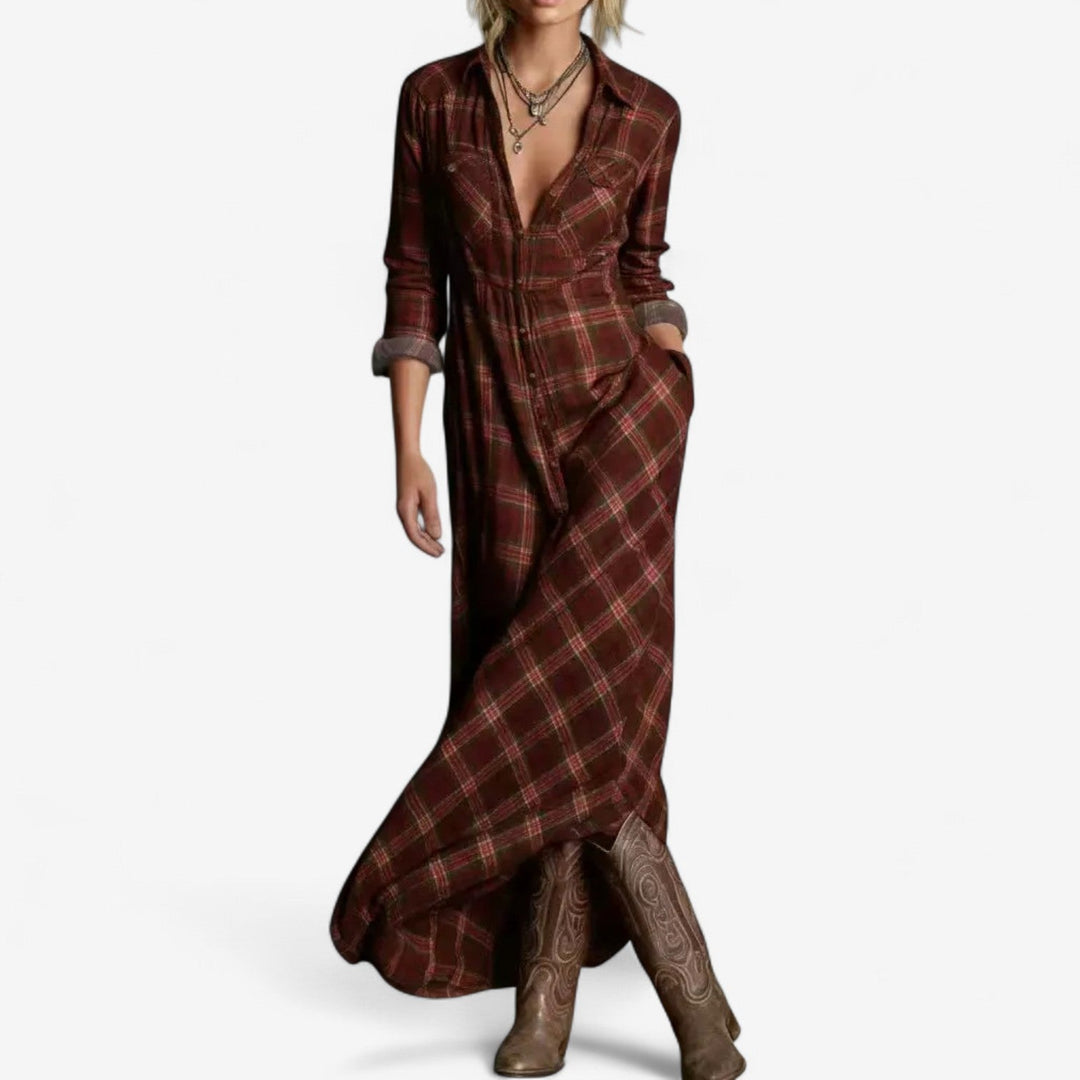 Mia - Effortless Beauty Long Sleeve Checkered Maxi Dress