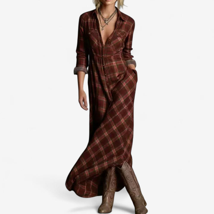 Mia - Effortless Beauty Long Sleeve Checkered Maxi Dress