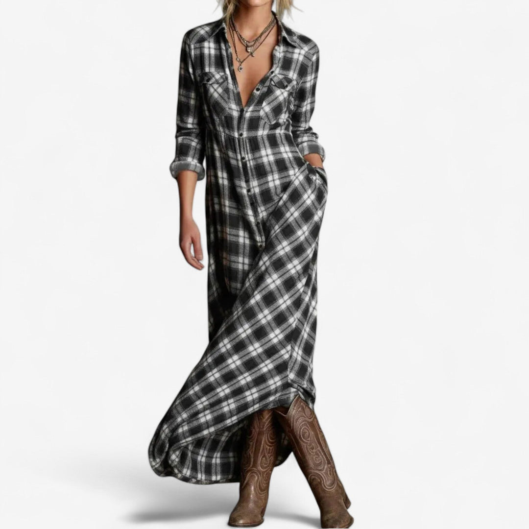 Mia - Effortless Beauty Long Sleeve Checkered Maxi Dress