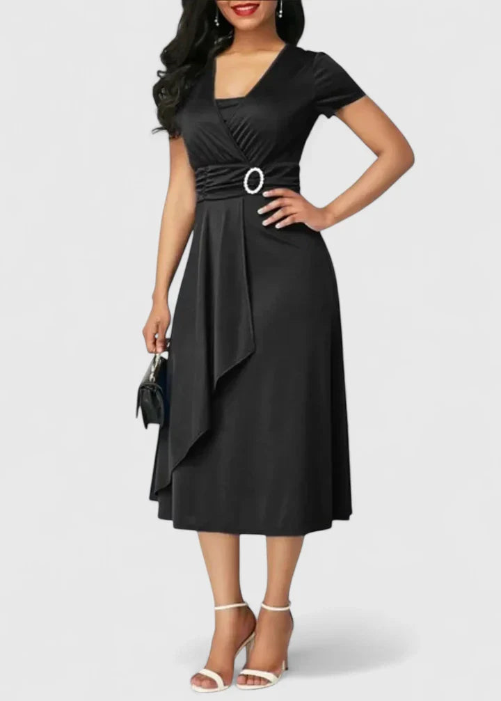 Valentina – Elegant Asymmetrical Belted Midi Dress for Effortless Sophistication
