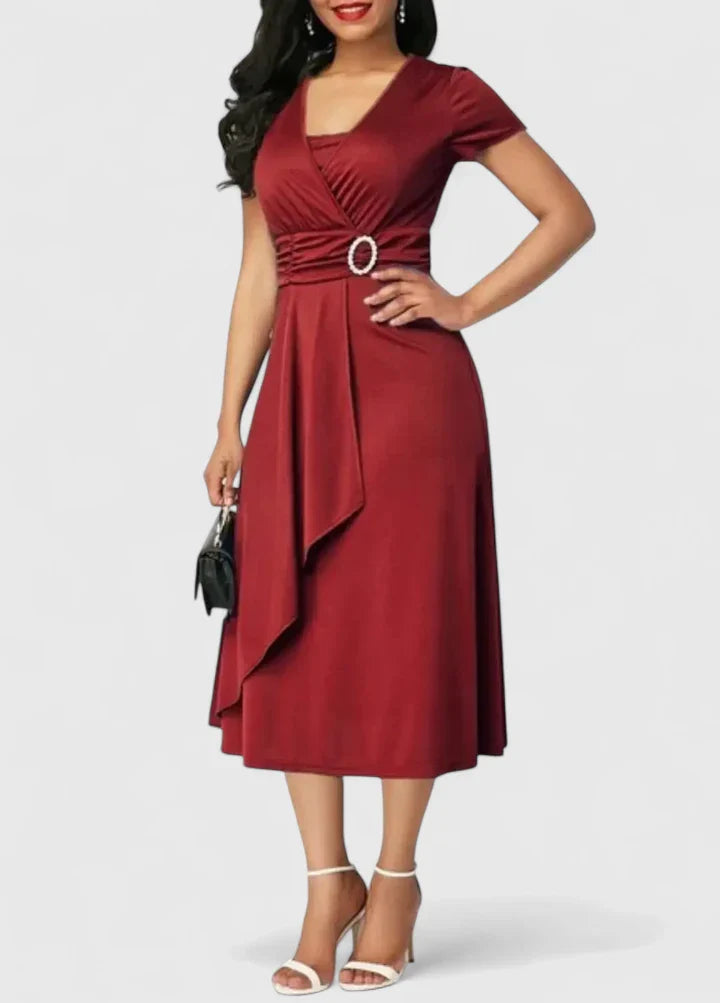 Valentina – Elegant Asymmetrical Belted Midi Dress for Effortless Sophistication
