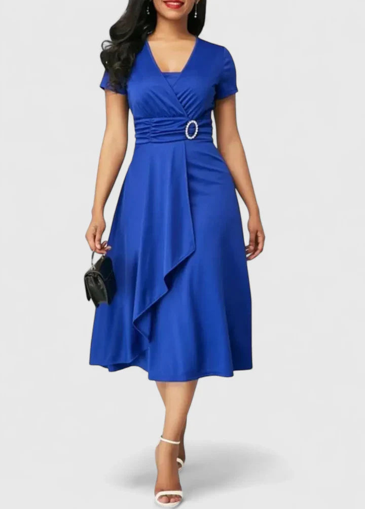 Valentina – Elegant Asymmetrical Belted Midi Dress for Effortless Sophistication