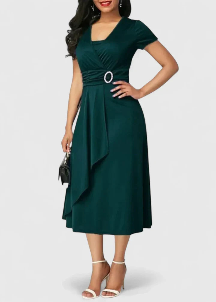 Valentina – Elegant Asymmetrical Belted Midi Dress for Effortless Sophistication