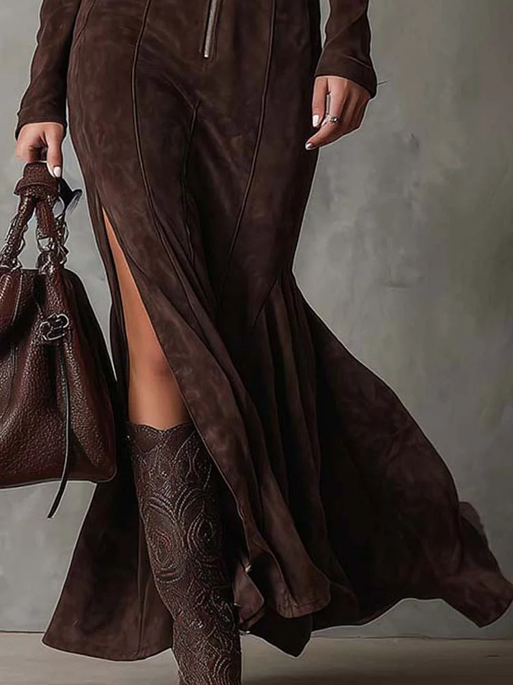 Mia - Suede Style Zip-Front Belted Maxi Dress for Timeless Sophistication