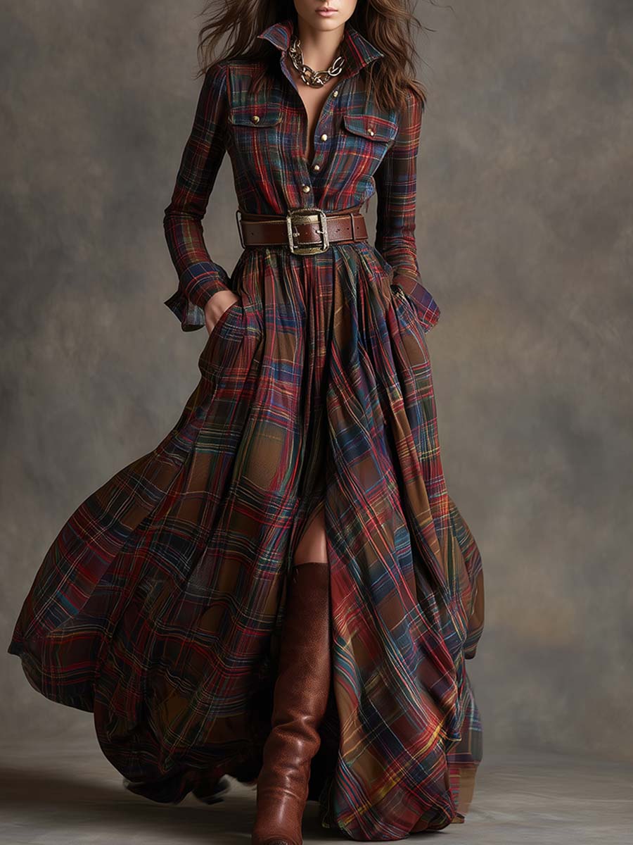Ellie – Timeless Plaid Belted Maxi Shirt Dress