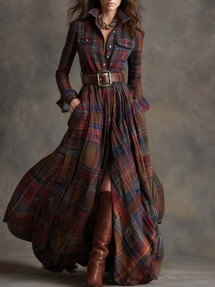 Ellie – Timeless Plaid Belted Maxi Shirt Dress