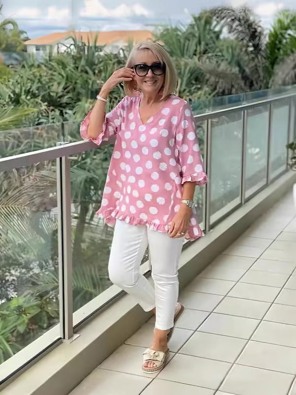 Chloe - Polka Dot V-Neck Blouse for Effortless Cheer