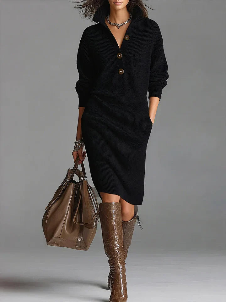 Leah – Long Sleeve Button Polo-style Collar Dress For Casual Elegance