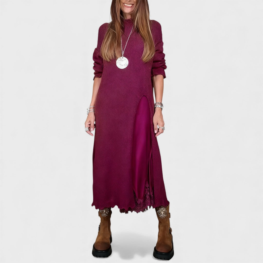 Elara – Satin Midi Dress and Cozy Knit Two-Piece Set For Effortless Elegance