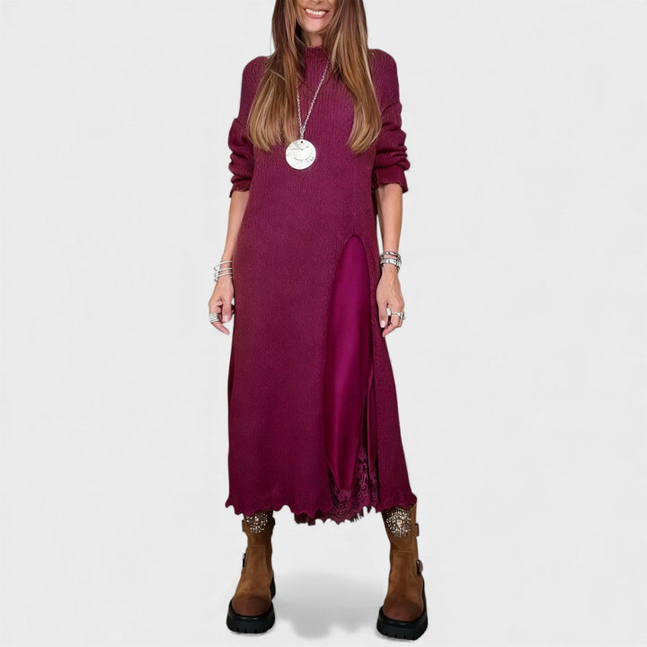 Elara – Satin Midi Dress and Cozy Knit Two-Piece Set For Effortless Elegance